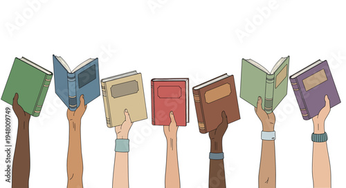 Diverse hands holding books in various colors vector illustration