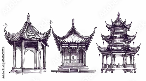 Three stylized ink sketches of Chinese-style pavilions in a line on white
