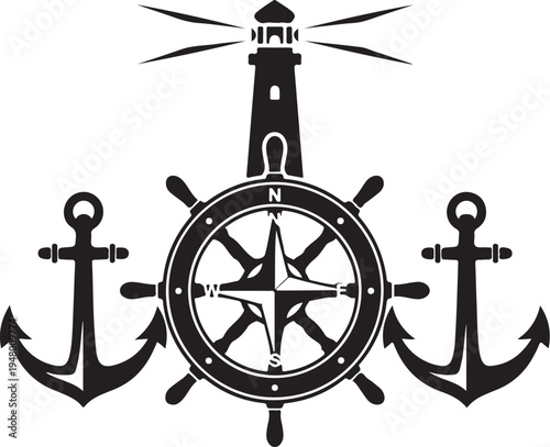 Vector nautical icon set with compass, anchors and lighthouse
