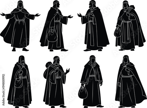 Ancient traveler silhouette set, biblical era robe characters collection, historical nomad figures, traditional messenger illustration, religious culture design