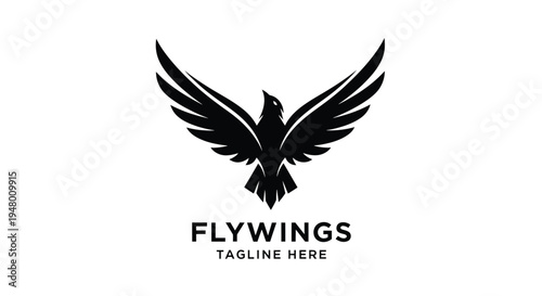 Black silhouette of a bird with outstretched wings and flywings text on a vector illustration