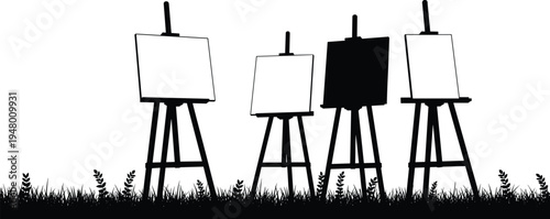 Artist easel silhouette set, blank canvas painting stands outdoors, art studio equipment illustration, creative painting concept, black silhouette vector