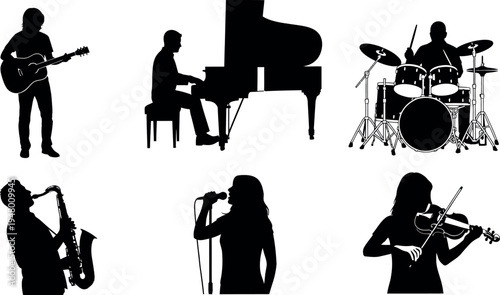 A vibrant and diverse ensemble of musical talent is powerfully depicted through six distinct black silhouettes, featuring a guitarist, a pianist at a grand piano, a drummer, a saxophonist, a female vo