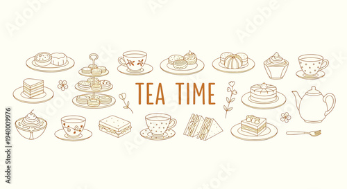 A charming tea time illustration with various tea party items and desserts on a cream colored background vector illustration
