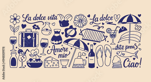 Italian summer vacation concept with various objects and phrases in blue on beige background vector illustration
