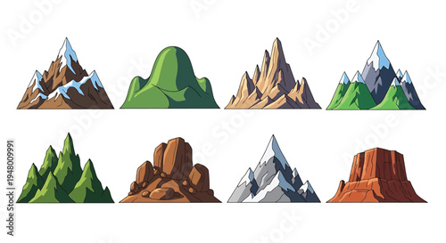 A collection of various mountain ranges and peaks in different colors and styles vector illustration