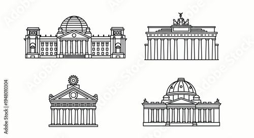 Architectural drawings of famous buildings with columns and domes in a line style on vector illustration