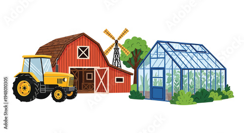 Colorful farm scene with tractor, barn, windmill and greenhouse vector illustration