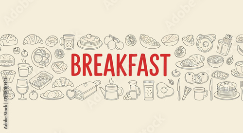 A colorful illustration of various breakfast foods and dishes with the word breakfast in bold red letters on a beige background with line drawings vector illustration