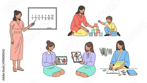 Teachers and Pupils: Teachers engaging with pupils in different learning activities, highlighting the importance of education and interaction.