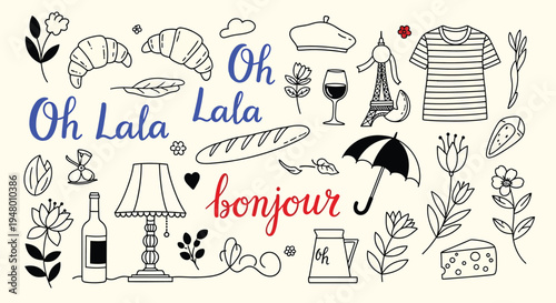 A charming illustration of various french themed icons and phrases on a beige background with a mix of black line drawings and colorful text vector illustration