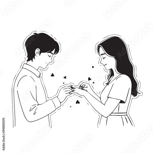 Couple Sharing Ring Proposal Moment: Simple Romantic Illustration of Engagement Gesture.