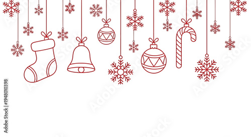 Christmas icons and snowflakes hanging from strings in red line art on for holiday decoration and festive design vector illustration