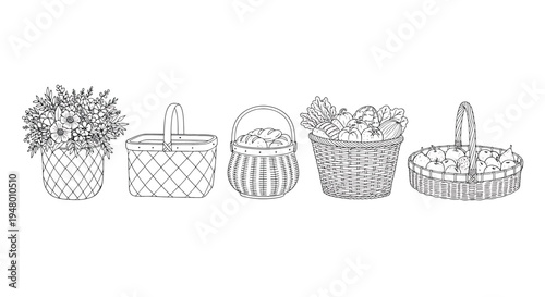 A set of five different wicker baskets and a potted plant in a line on a vector illustration
