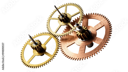 Photos Isolated detailed golden metallic clockwork gears mechanism representing precision, time, and industry