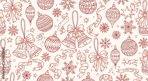 Red and white holiday seamless pattern with christmas ornaments, bows, and snowflakes on a cream colored background vector illustration