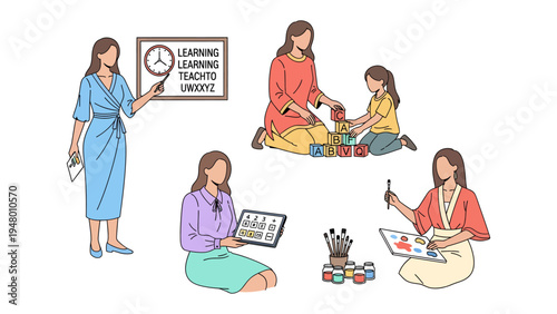 Classroom's Harmony: A visual narrative of children education and interactions, each corner depicts the teacher engaging with children. Showcases various activities, from teaching time.