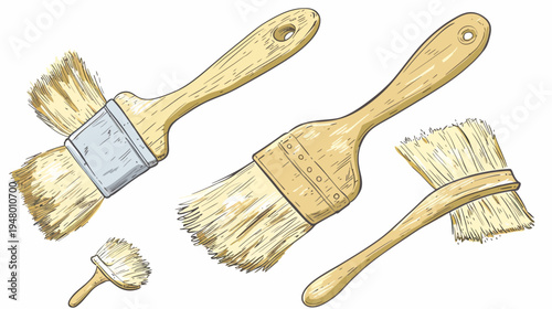 Illustration of five various sizes paint brushes on a white background, angled