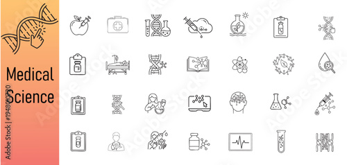 Medical science icons and dna strand on abstract background