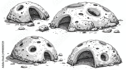 Four dome structures with holes and entrances, shaded in grayscale, sit on sandy ground