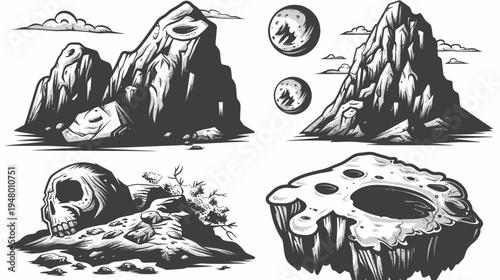 Stylized black & white illustrations of mountains, moons, skull and floating island