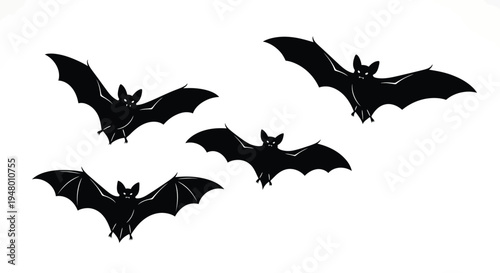 Four black bat silhouettes flying together for halloween decoration or wildlife illustration vector illustration