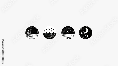 Four textured circles in black and white with dots, lines, moons, and starry skies