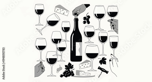 A black and white illustration of a wine bottle and glasses with grapes and cheese on a vector illustration