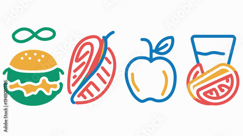 Colorful line icons burger with infinity, strawberry, apple, water glass with orange slice