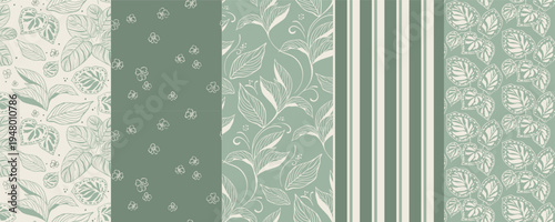 Mint botanical seamless pattern set with decorative leaves, small flowers and stripe textures. Elegant nature inspired designs for fabric, wallpaper, packaging, stationery and surface pattern design.