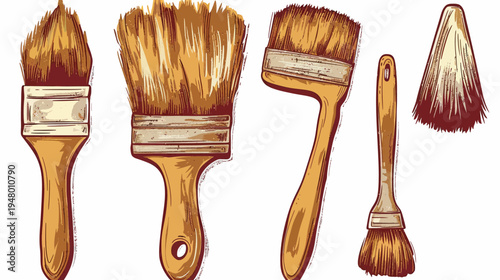 Five paint brushes in a hand-drawn style illustration, varying in size and shape