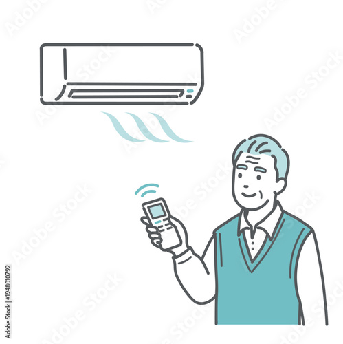 エアコン（冷房）で室温調節をする高齢男性のイラスト