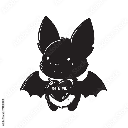 Silhouette Bat Illustration with Bite Me Phrase, Dark Nocturnal Creature with Winged Form.