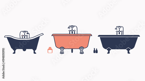 Graphic illustration of three different colored bathtubs with faucets and bath products