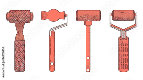 Four variations of pink rolling applicator tools with handles, line drawing effect