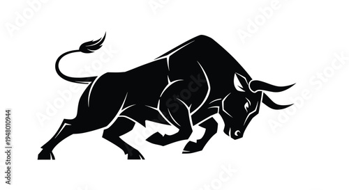 A black bull icon in a charging position with a dynamic and powerful stance vector illustration