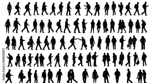 Collection of various black silhouettes of people in different poses and actions vector illustration
