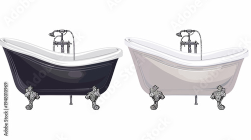 Two clawfoot bathtubs, one dark, one light, sit side-by-side against a white backdrop