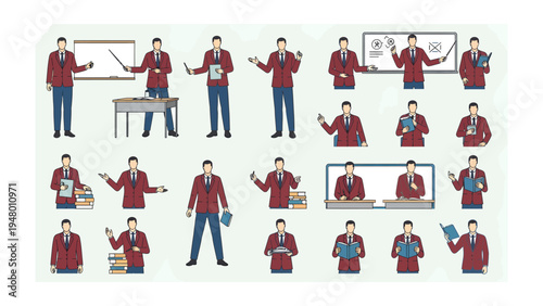 Teacher's Demonstration: A collection of educational illustration, a teacher demonstrating a lessons in various poses with different tools, ready to use in the classroom or presentation slides.