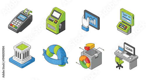 Collection of various financial and business icons including payment terminal, bank, globe, and office workspace on vector illustration