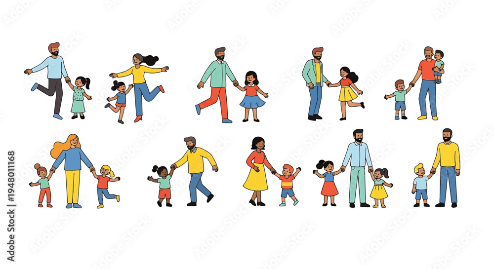 Fototapeta premium Diverse group of people and children in various playful poses vector illustration