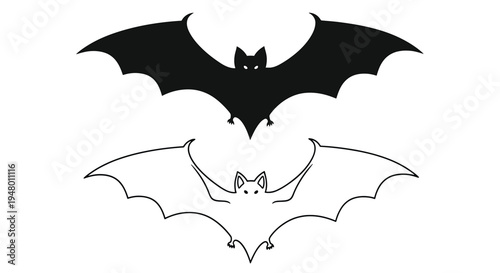 Black silhouette and outline of a bat flying with clipping path vector illustration