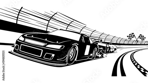 A high speed stock car race depicted in a bold black and white graphic illustration style design isolated on transparent background, Vector