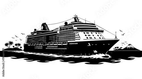 A black and white graphic illustration featuring a large cruise ship sailing past tropical islands isolated on transparent background, Vector