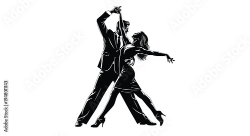 A black silhouette of a man and woman dancing tango with dramatic poses and movements vector illustration