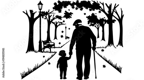A silhouette of an elderly man walking hand in hand with a small child along a scenic park path isolated on transparent background, Vector
