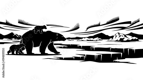 A mother polar bear with her two cubs walking across the icy arctic landscape under aurora lights isolated on transparent background, Vector