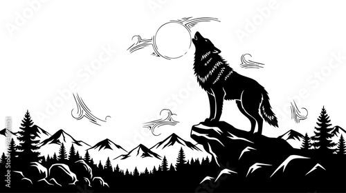 A black and white vector illustration of a wolf howling at the moon in a mountain forest landscape isolated on transparent background, Vector