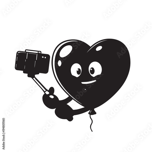Playful heart-shaped balloon character taking a selfie with a stick and smile.
