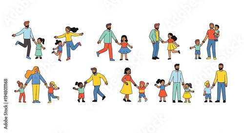 Diverse group of people and children in various playful poses vector illustration